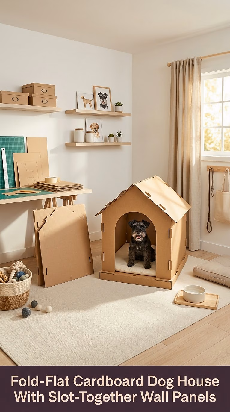 Fold-Flat Cardboard Dog House With Slot-Together Wall Panels
