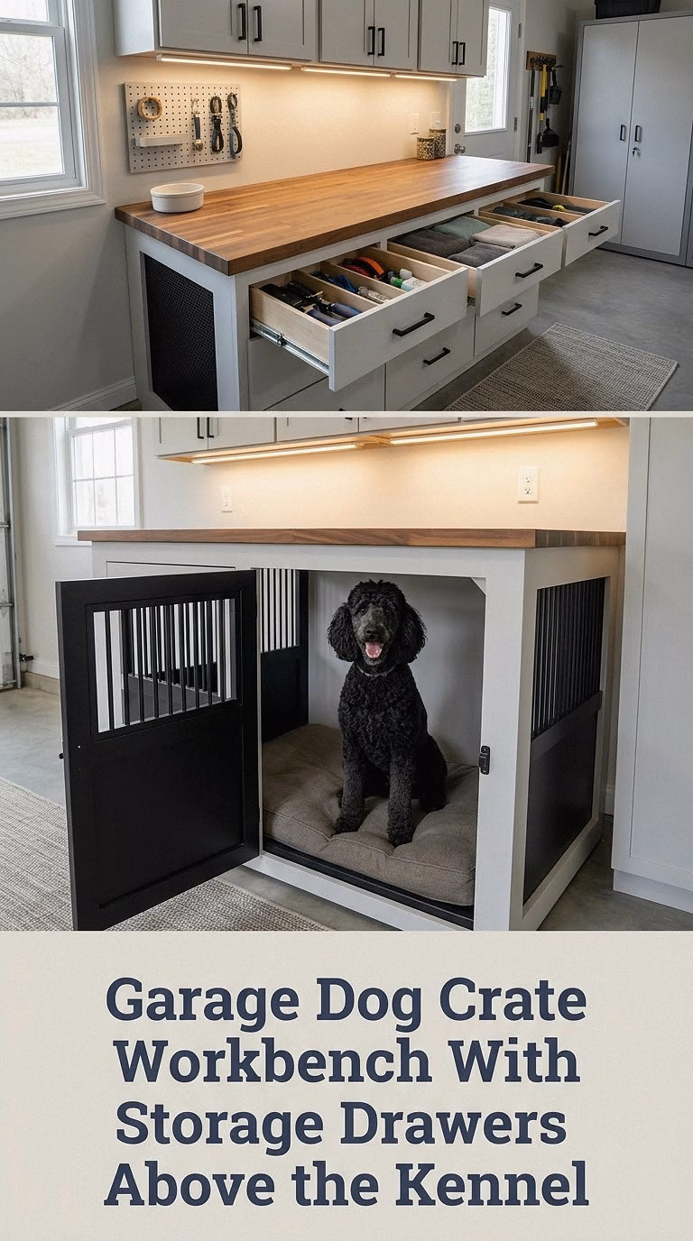 Garage Dog Crate Workbench With Storage Drawers Above the Kennel