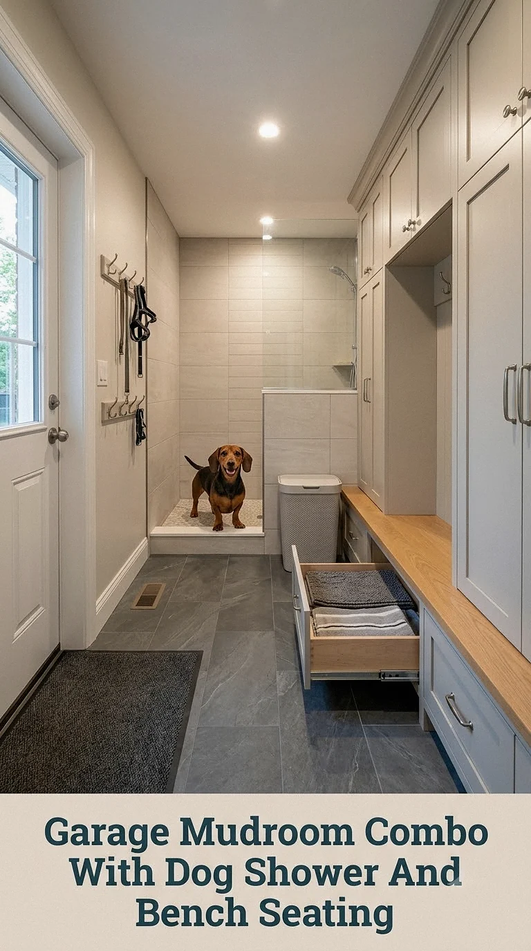 Garage Mudroom Combo With Dog Shower And Bench Seating