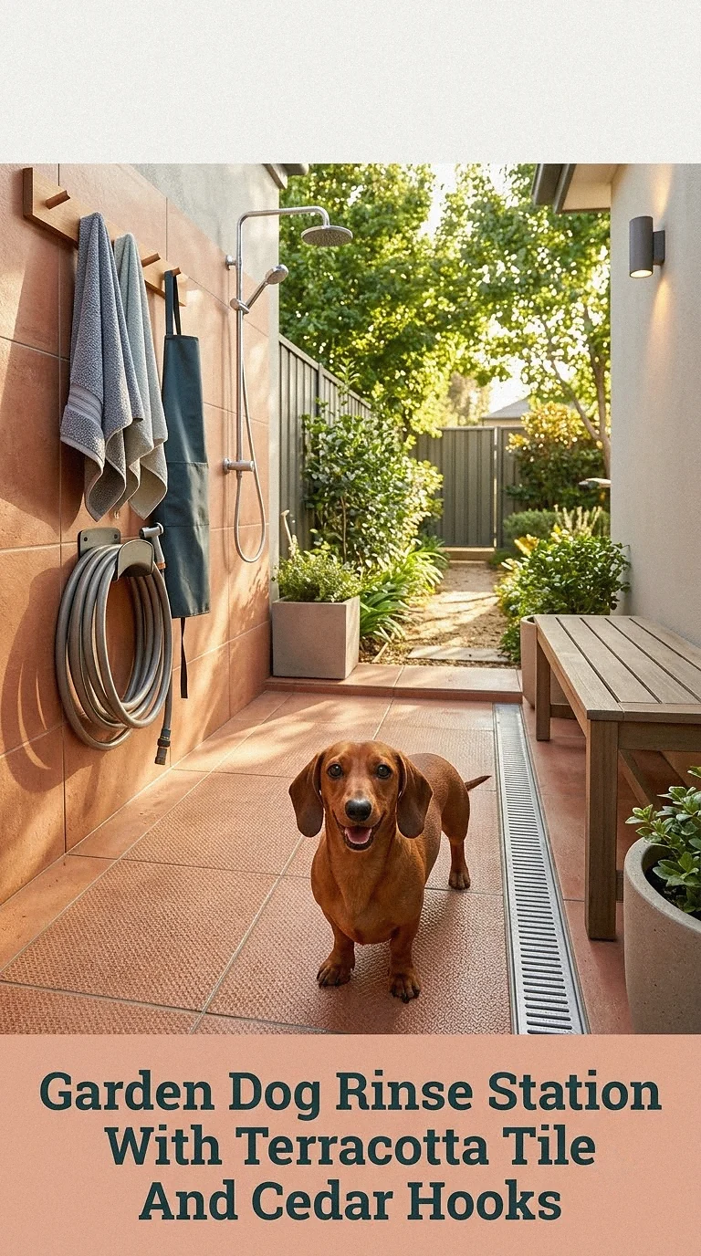 Garden Dog Rinse Station With Terracotta Tile And Cedar Hooks