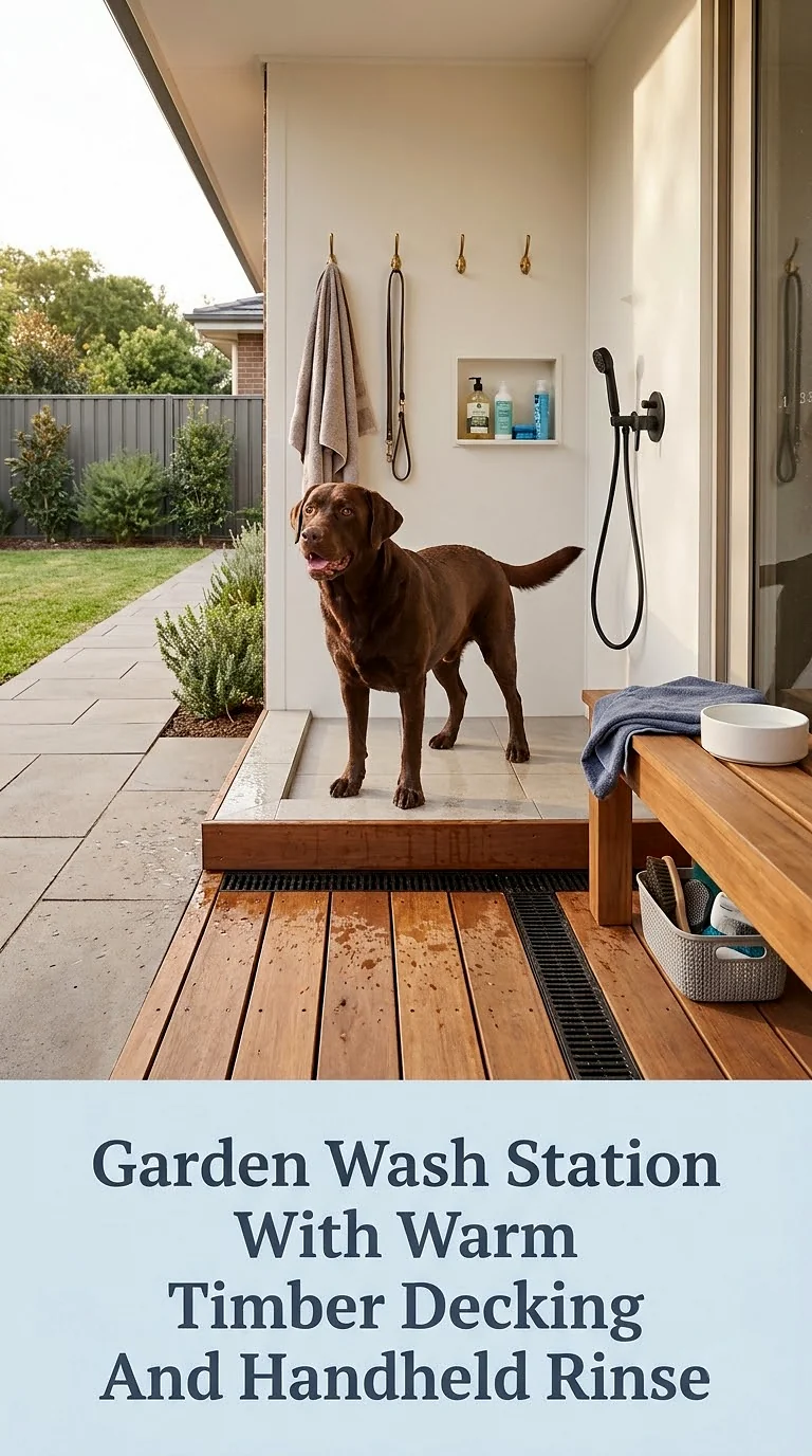 Garden Wash Station With Warm Timber Decking And Handheld Rinse