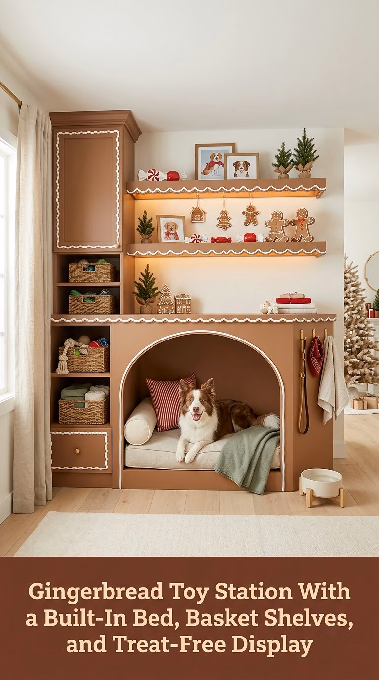 Gingerbread Toy Station With a Built-In Bed, Basket Shelves, and Treat-Free Display