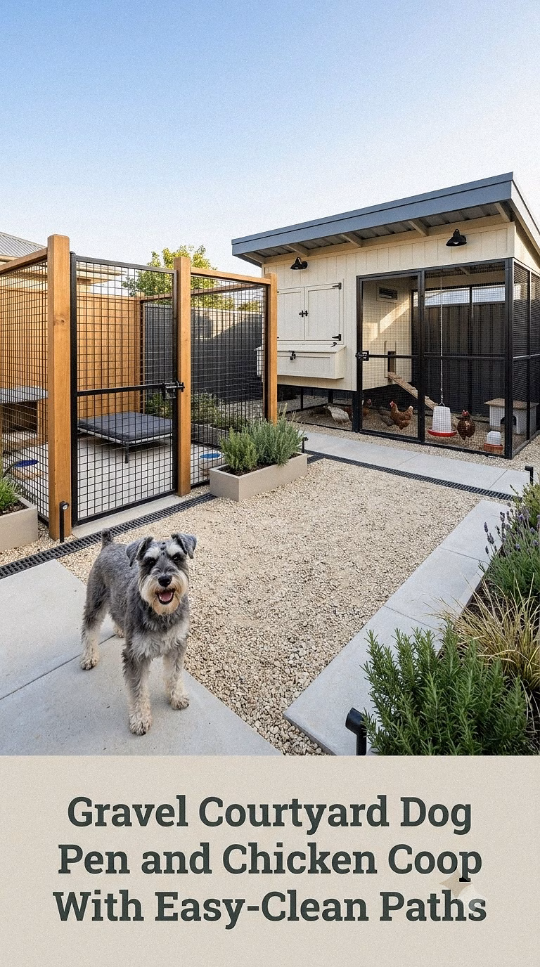 Gravel Courtyard Dog Pen and Chicken Coop With Easy-Clean Paths