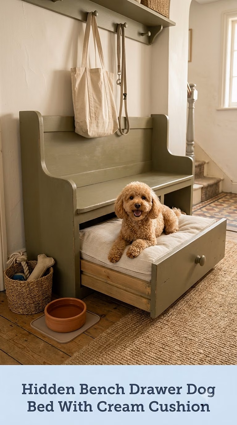 Hidden Bench Drawer Dog Bed With Cream Cushion