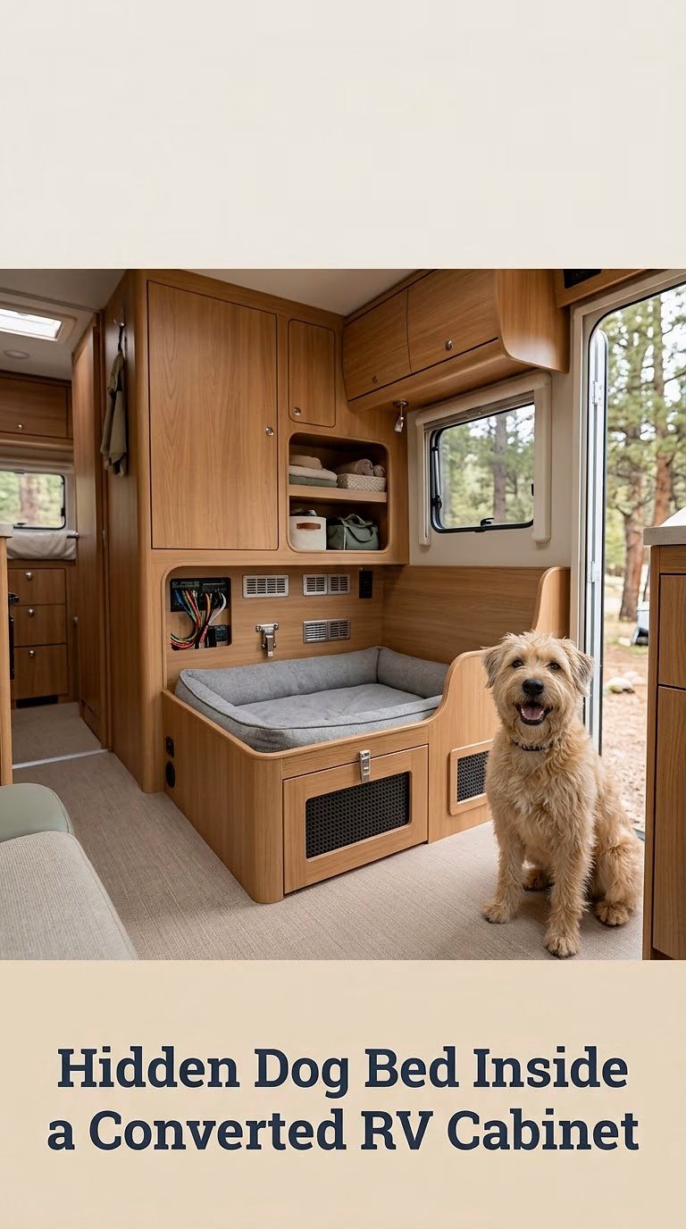 Hidden Dog Bed Inside a Converted RV Cabinet