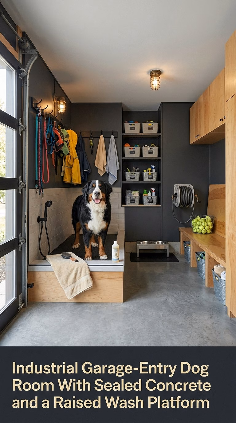 Industrial Garage-Entry Dog Room With Sealed Concrete and a Raised Wash Platform
