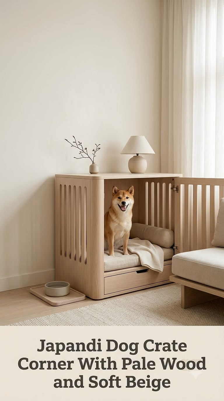 Japandi Dog Crate Corner With Pale Wood and Soft Beige