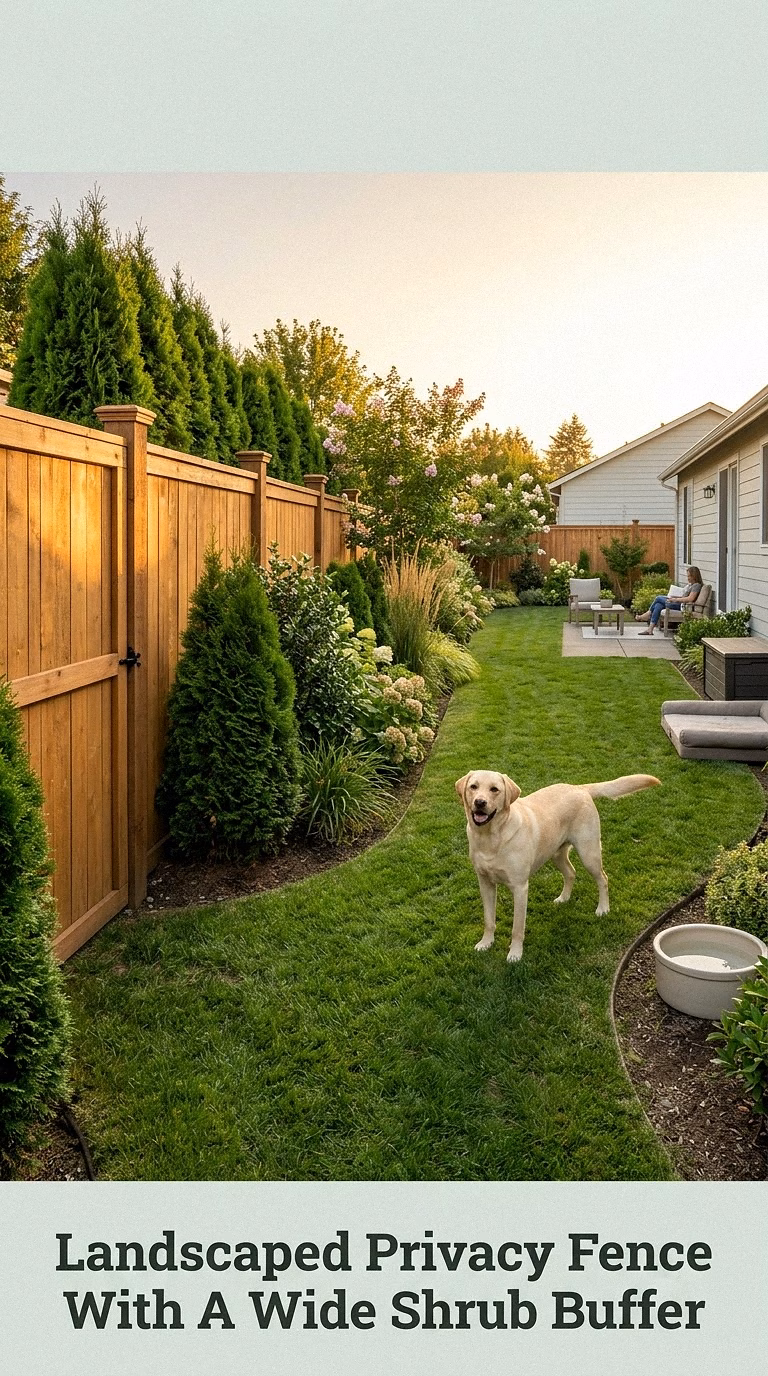 Landscaped Privacy Fence With A Wide Shrub Buffer