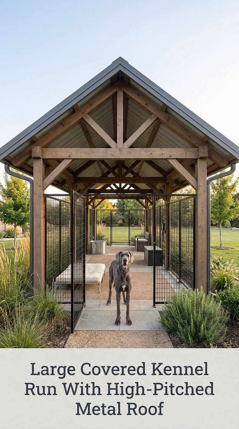 Large Covered Kennel Run With High-Pitched Metal Roof