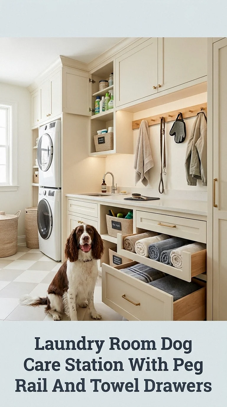 Laundry Room Dog Care Station With Peg Rail And Towel Drawers