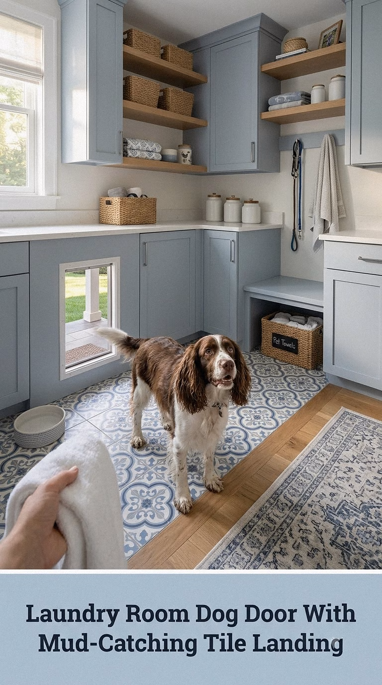 Laundry Room Dog Door With Mud-Catching Tile Landing