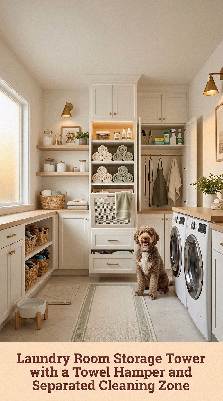 Laundry Room Storage Tower with a Towel Hamper and Separated Cleaning Zone