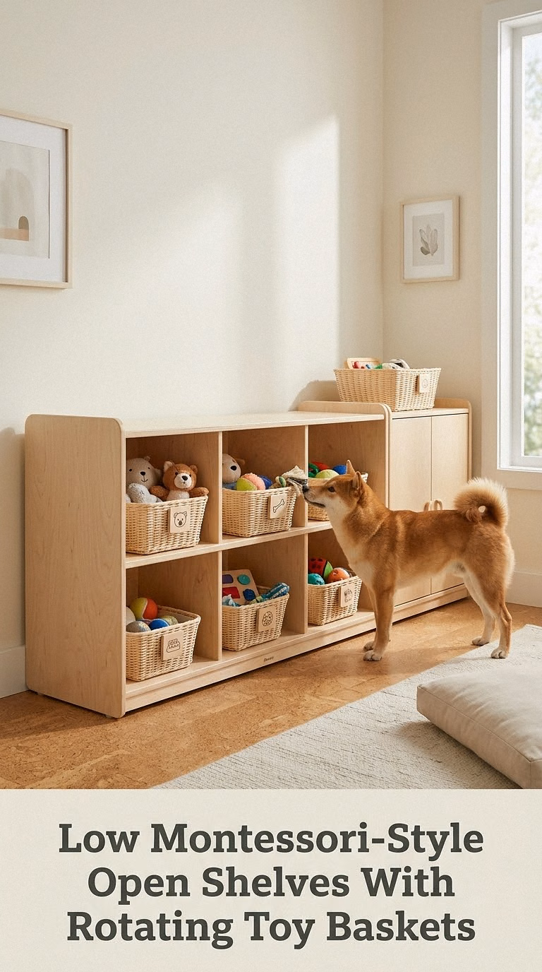 Low Montessori-Style Open Shelves With Rotating Toy Baskets