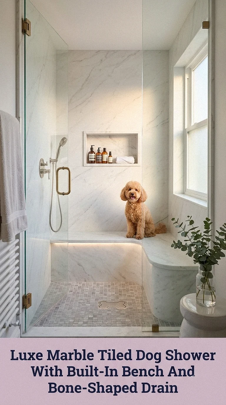 Luxe Marble Tiled Dog Shower With Built-In Bench And Bone-Shaped Drain