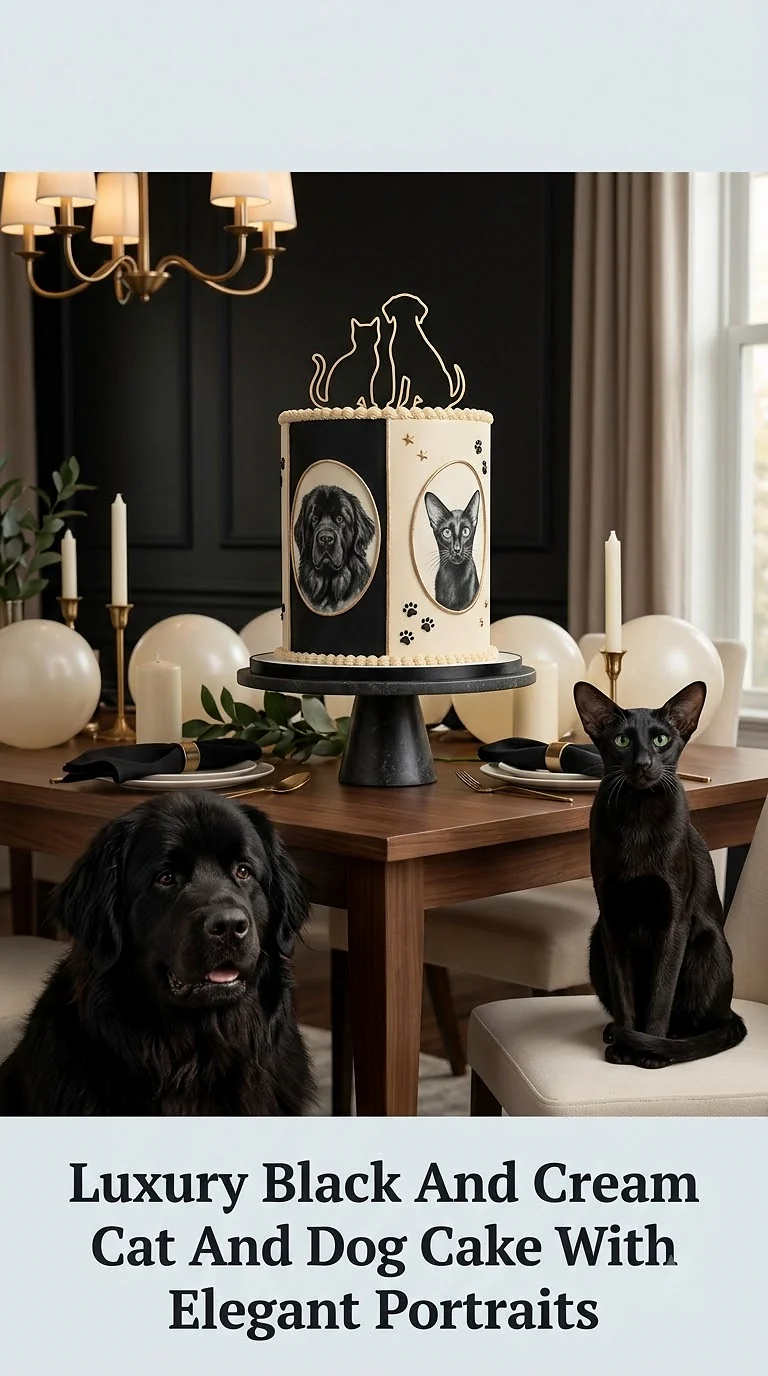 Luxury Black And Cream Cat And Dog Cake With Elegant Portraits