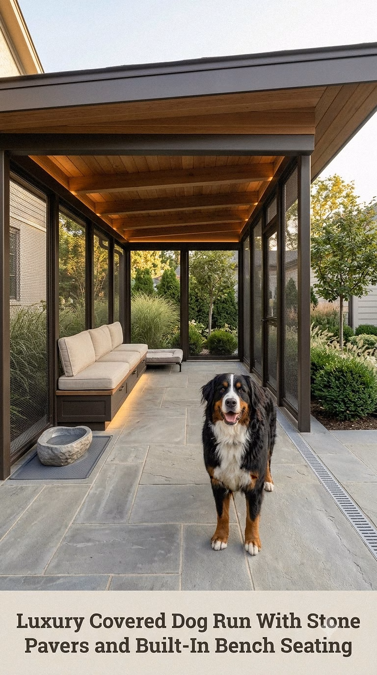 Luxury Covered Dog Run With Stone Pavers and Built-In Bench Seating