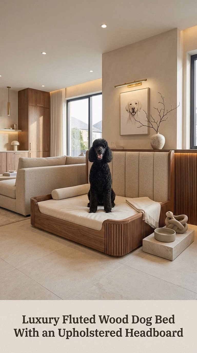 Luxury Fluted Wood Dog Bed With an Upholstered Headboard