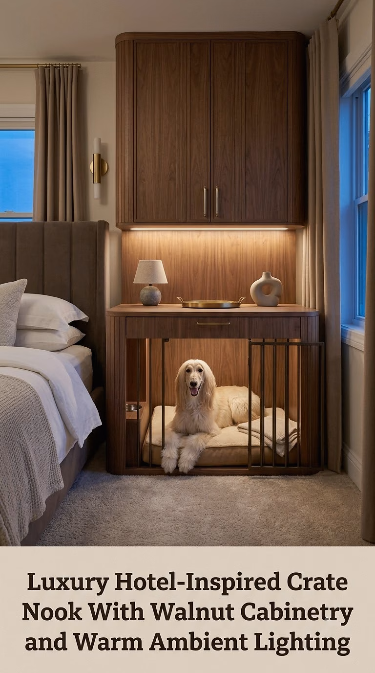 Luxury Hotel-Inspired Crate Nook With Walnut Cabinetry and Warm Ambient Lighting