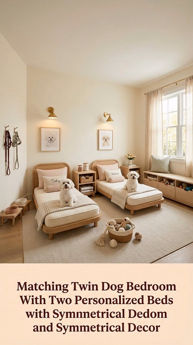 14. Matching Twin Dog Bedroom With Two Personalized Beds and Symmetrical Decor