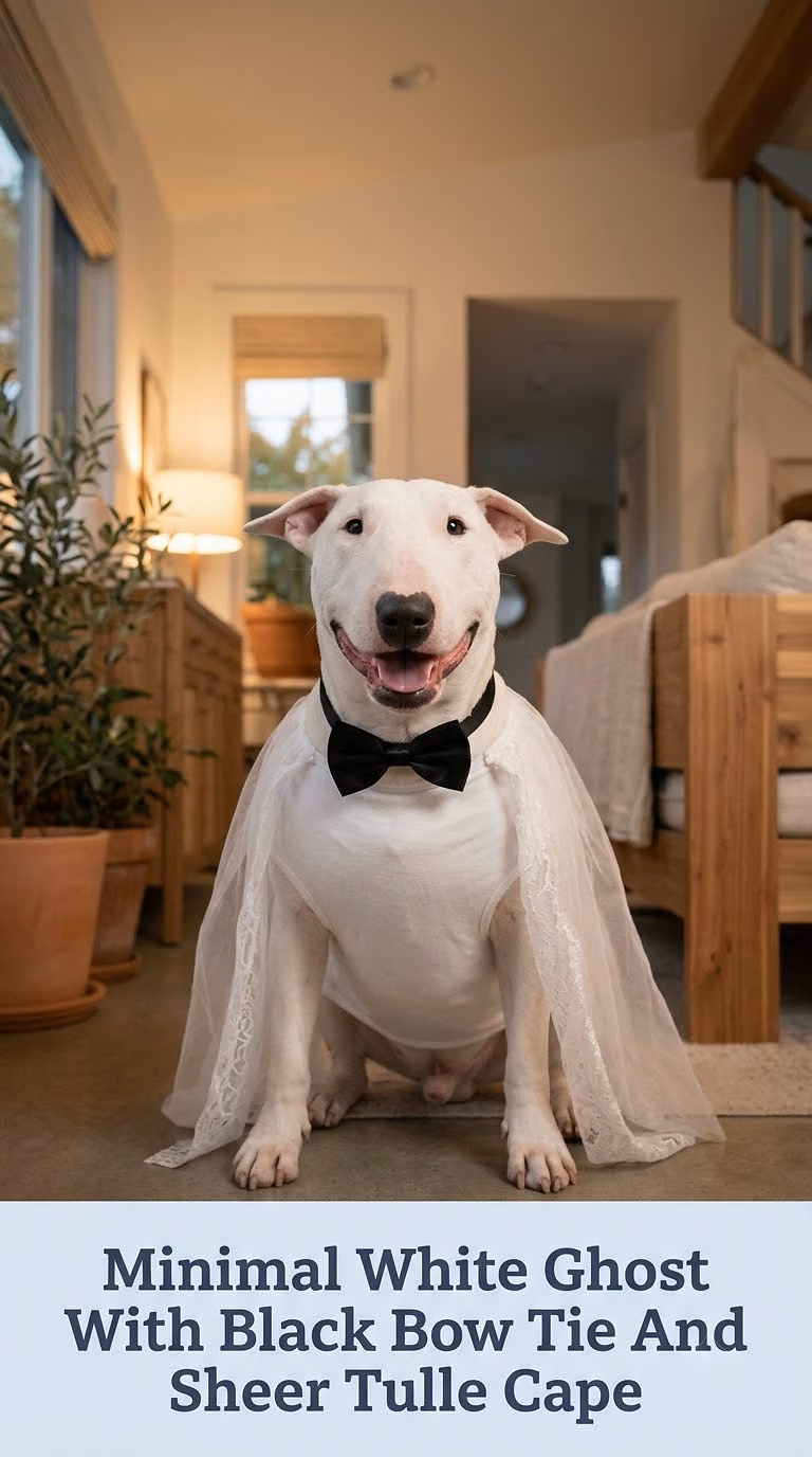 Minimal White Ghost With Black Bow Tie And Sheer Tulle Cape