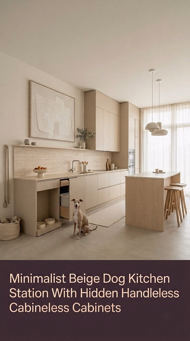 14. Minimalist Beige Dog Kitchen Station With Hidden Handleless Cabinets