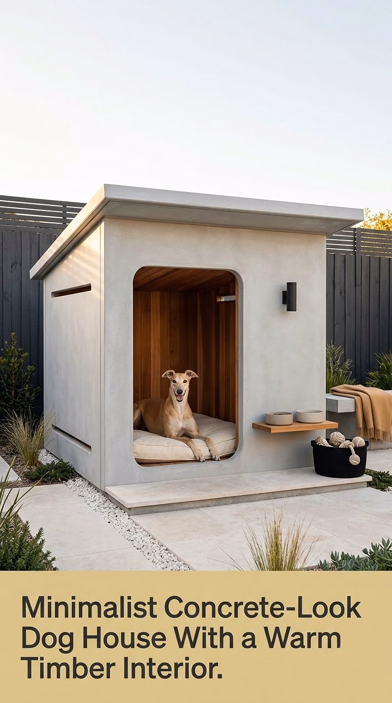 14. Minimalist Concrete-Look Dog House With a Warm Timber Interior