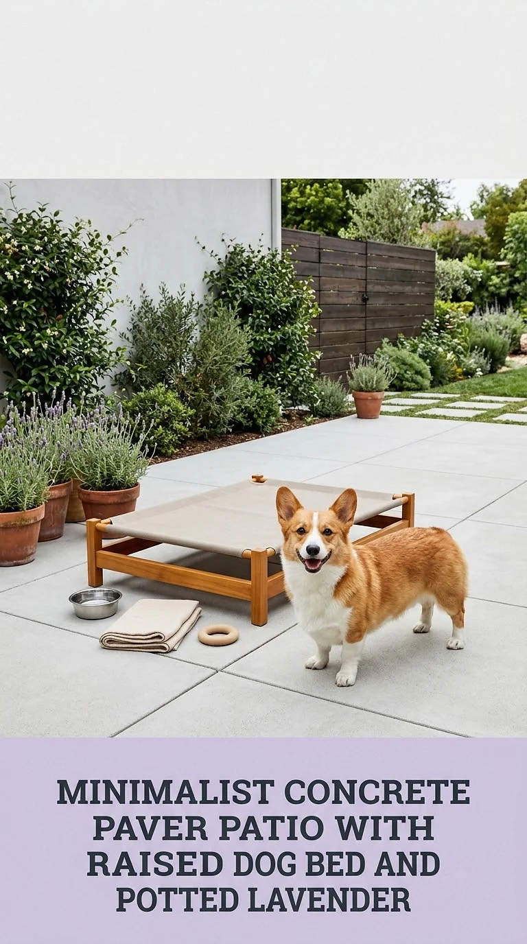 Minimalist Concrete Paver Patio With Raised Dog Bed And Potted Lavender