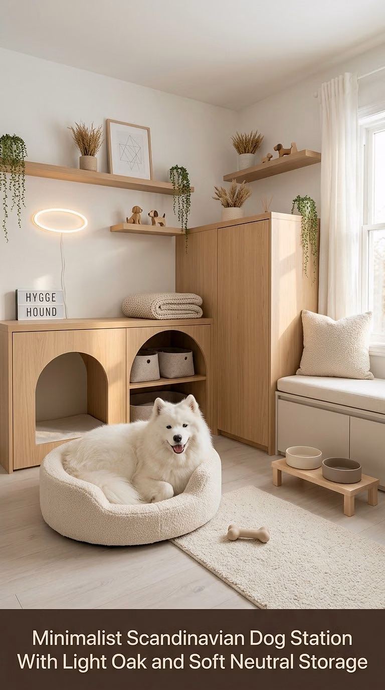 14. Minimalist Scandinavian Dog Station With Light Oak and Soft Neutral Storage