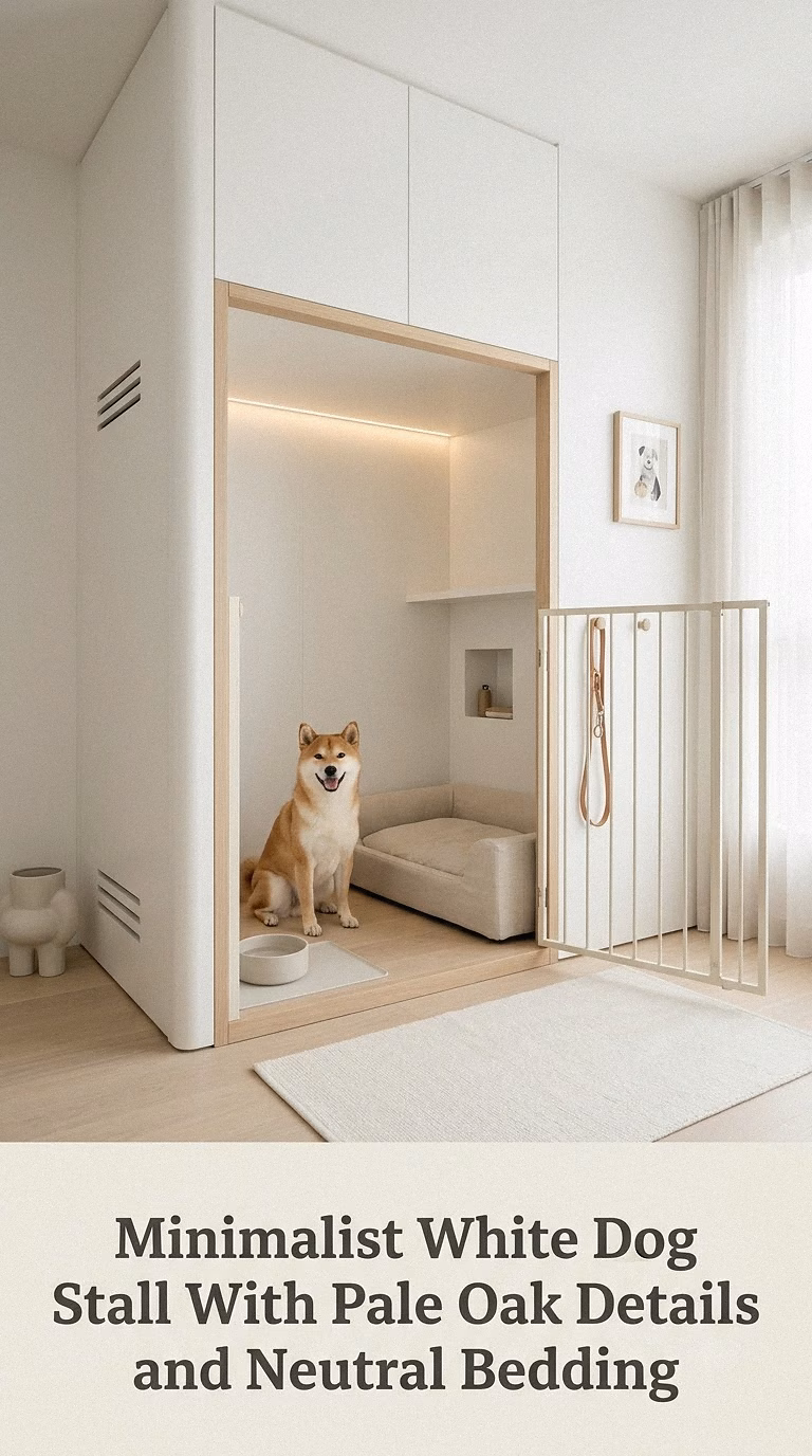 Minimalist White Dog Stall With Pale Oak Details and Neutral Bedding