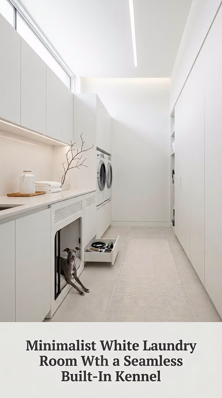 Minimalist White Laundry Room With a Seamless Built-In Kennel