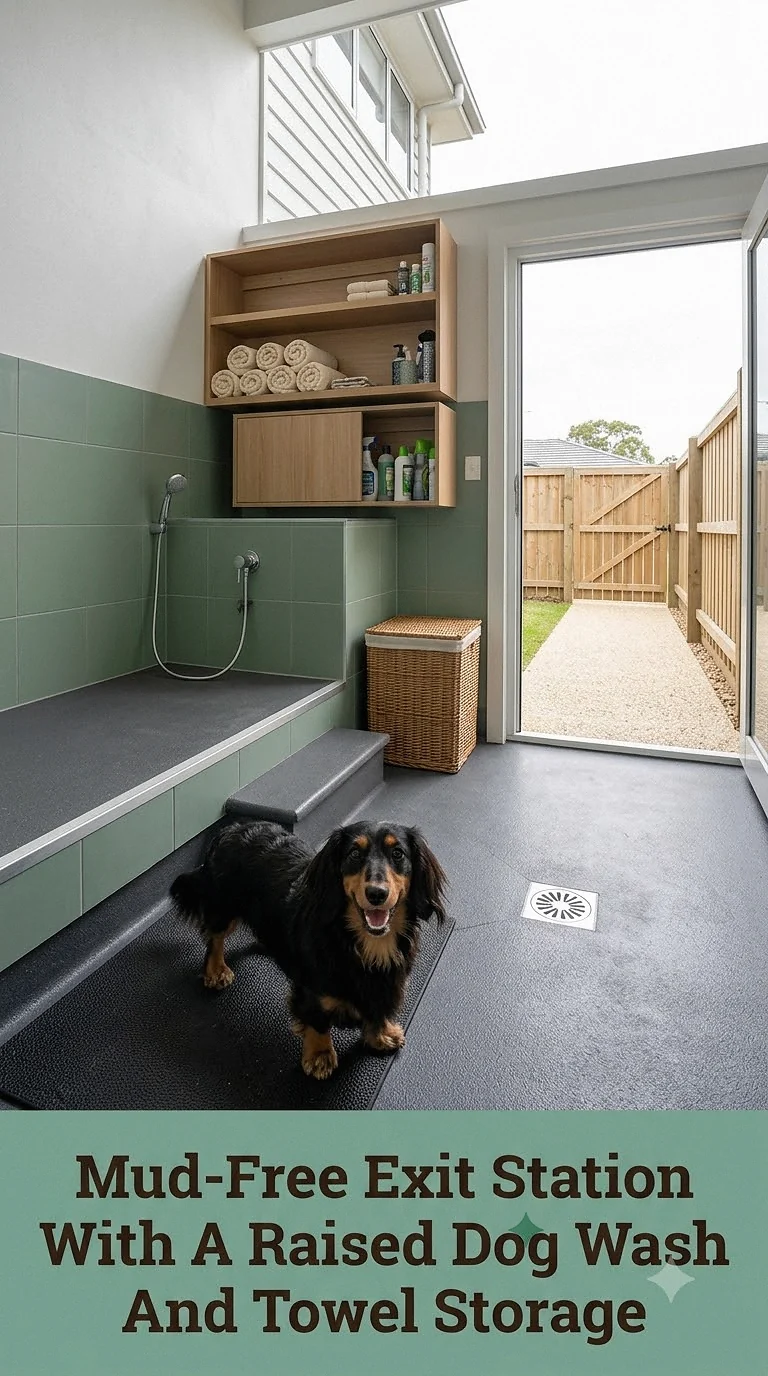 Mud-Free Exit Station With A Raised Dog Wash And Towel Storage