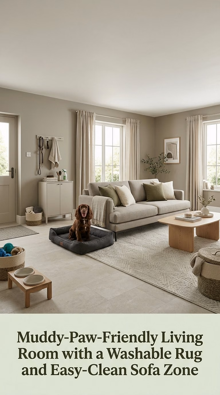 14. Muddy-Paw-Friendly Living Room with a Washable Rug and Easy-Clean Sofa Zone