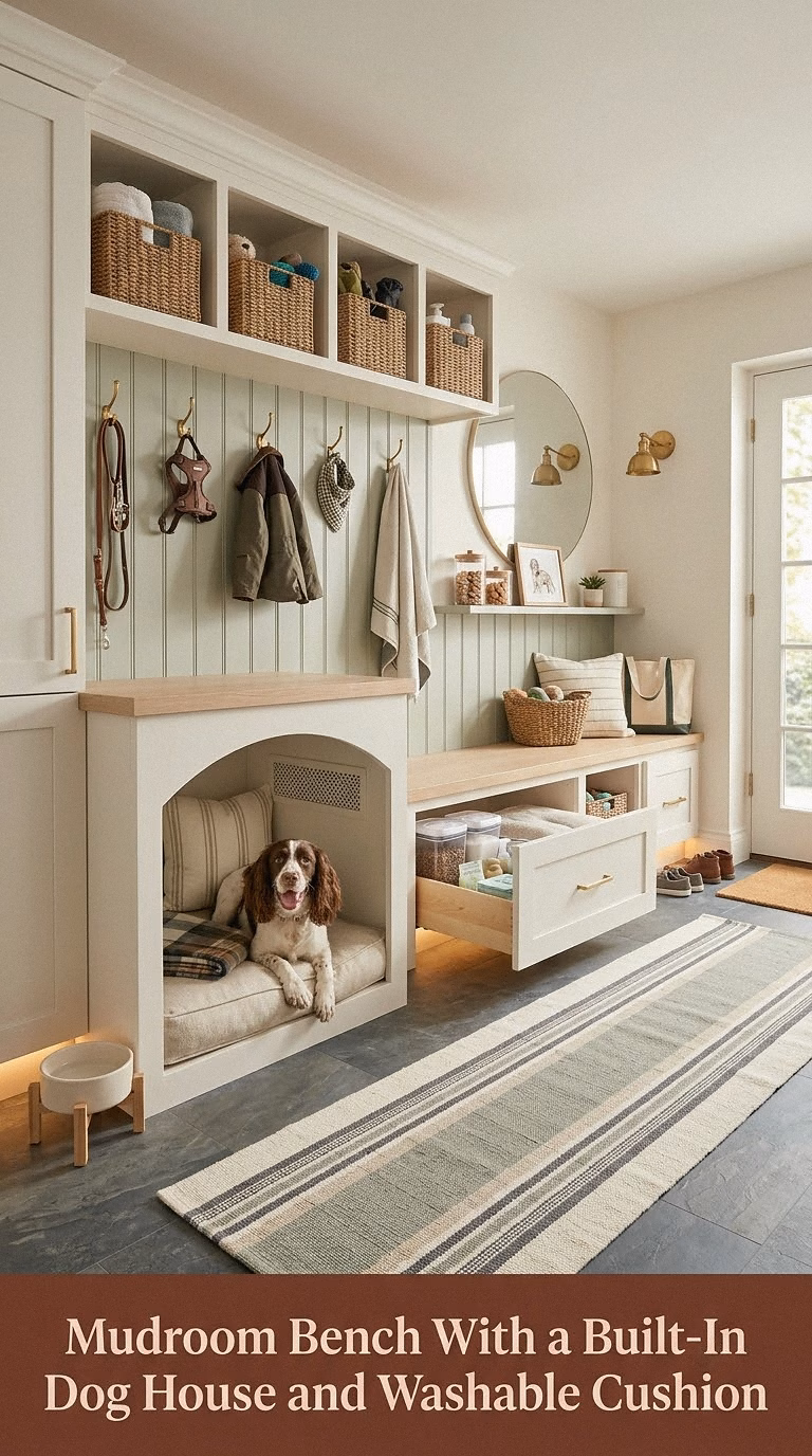 Mudroom Bench With a Built-In Dog House and Washable Cushion