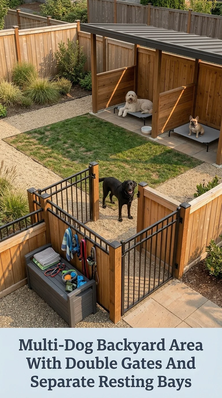 Multi-Dog Backyard Area With Double Gates And Separate Resting Bays