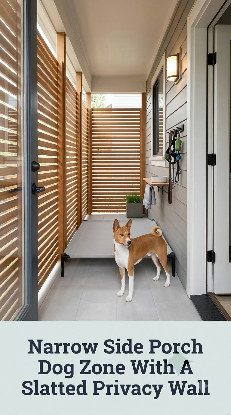 Narrow Side Porch Dog Zone With A Slatted Privacy Wall
