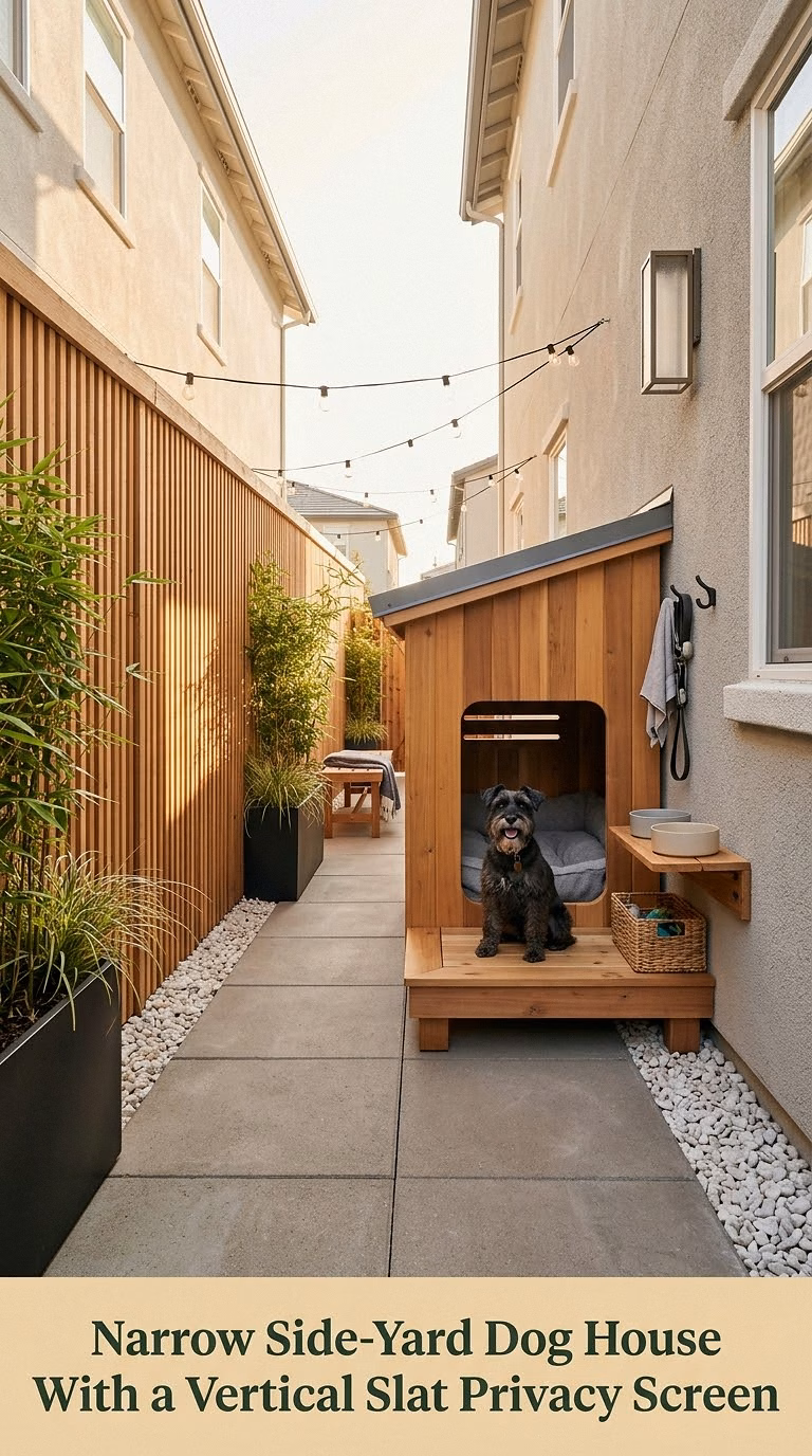 Narrow Side-Yard Dog House With a Vertical Slat Privacy Screen