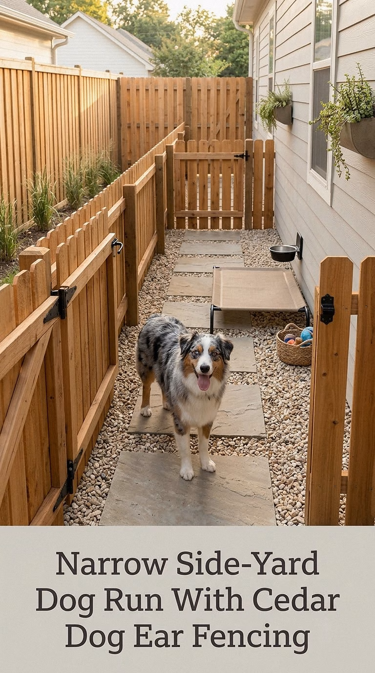 Narrow Side-Yard Dog Run With Cedar Dog Ear Fencing