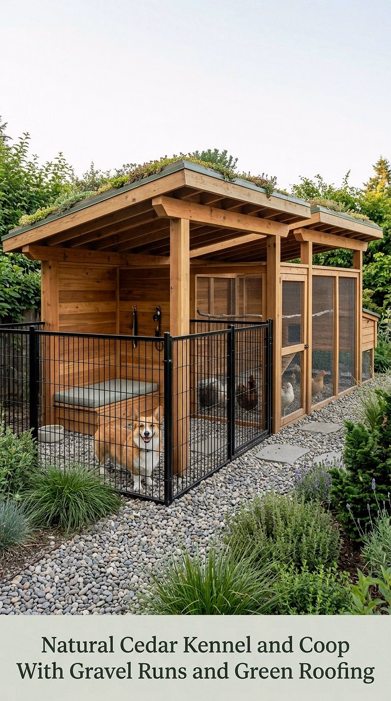 Natural Cedar Kennel and Coop With Gravel Runs and Green Roofing