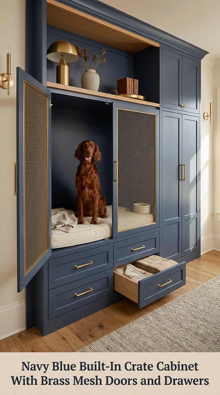 Navy Blue Built-In Crate Cabinet With Brass Mesh Doors and Drawers