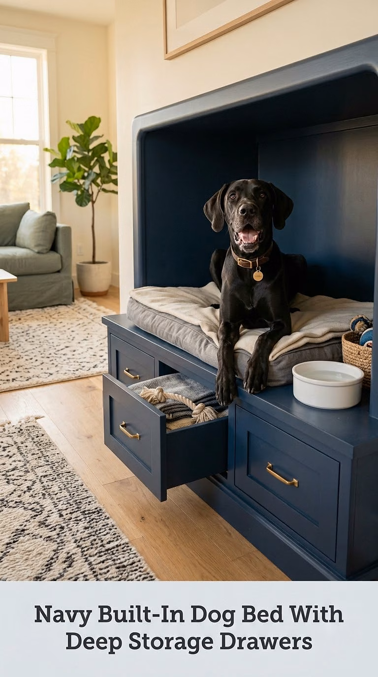 Navy Built-In Dog Bed With Deep Storage Drawers