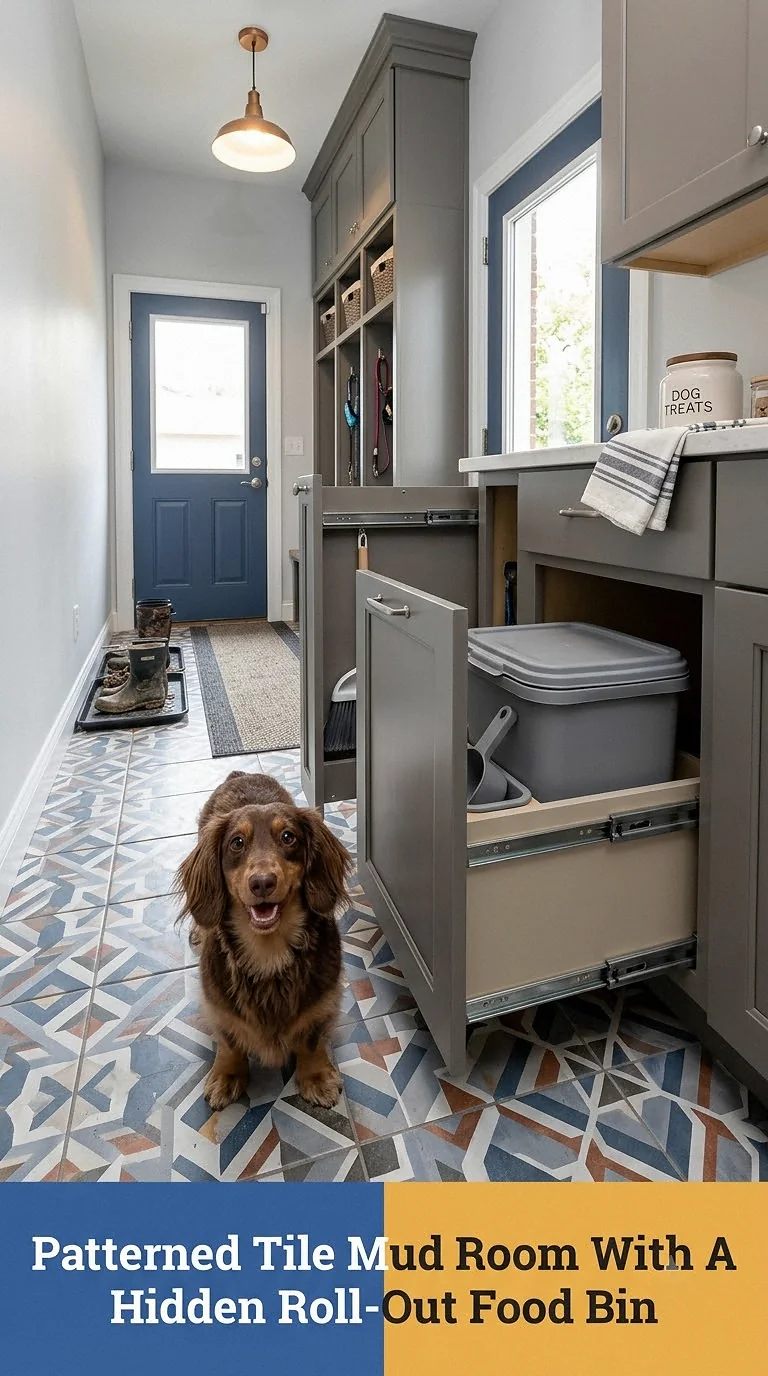 Patterned Tile Mud Room With A Hidden Roll-Out Food Bin