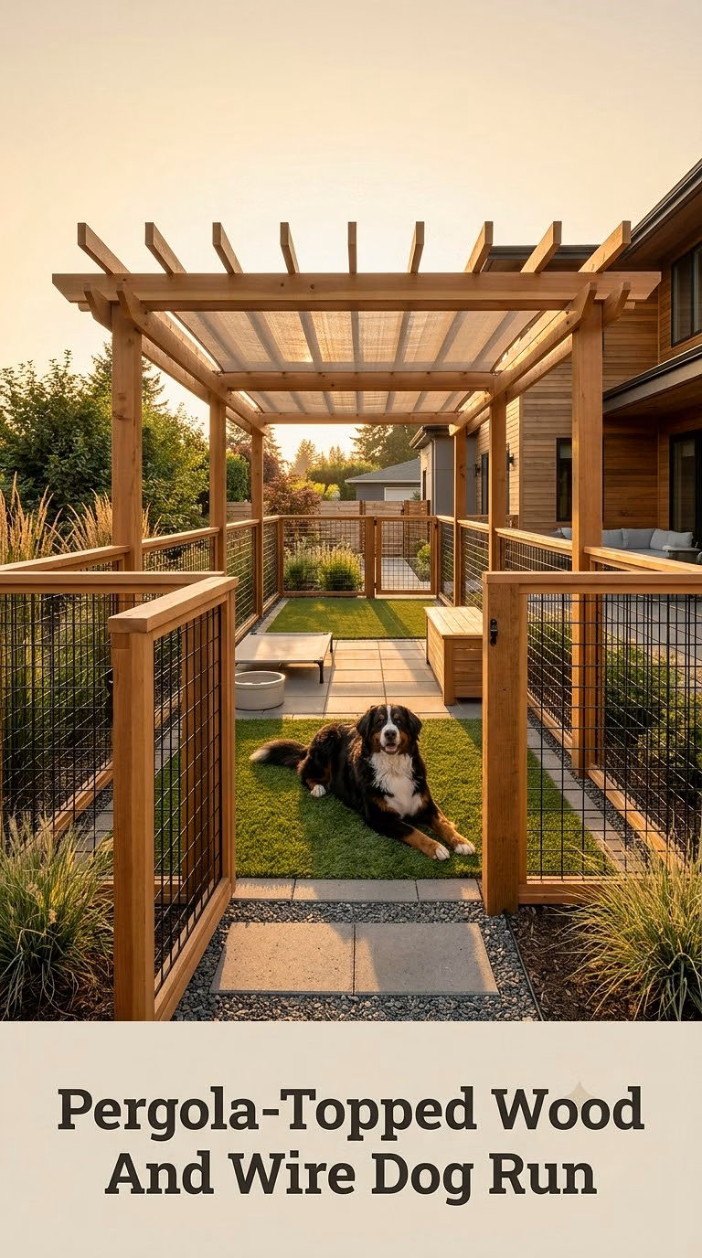 Pergola-Topped Wood And Wire Dog Run