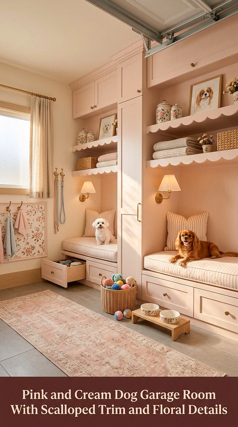 14. Pink and Cream Dog Garage Room With Scalloped Trim and Floral Details