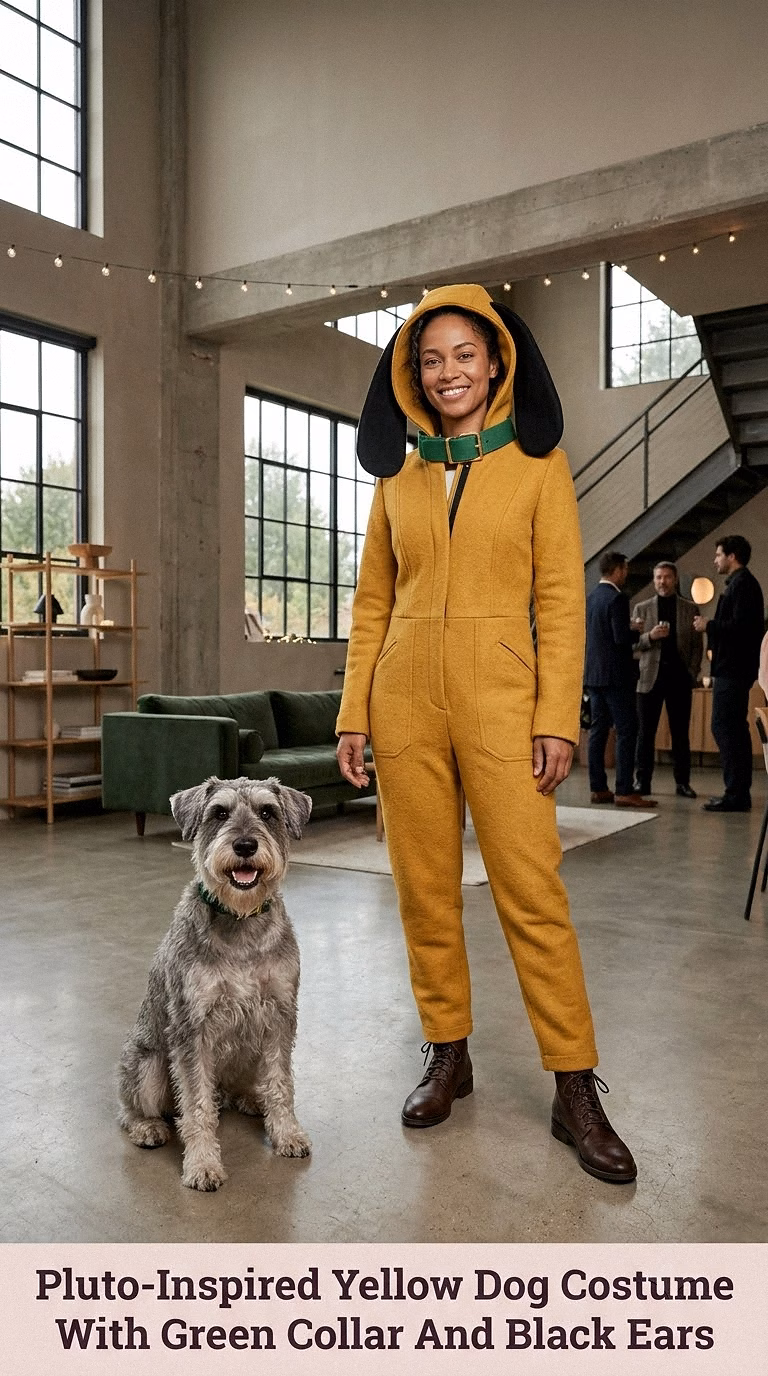 Pluto-Inspired Yellow Dog Costume With Green Collar And Black Ears