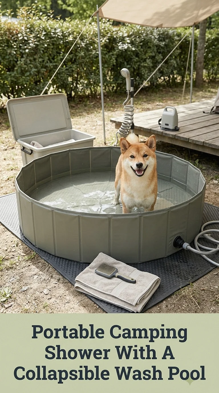 Portable Camping Shower With A Collapsible Wash Pool