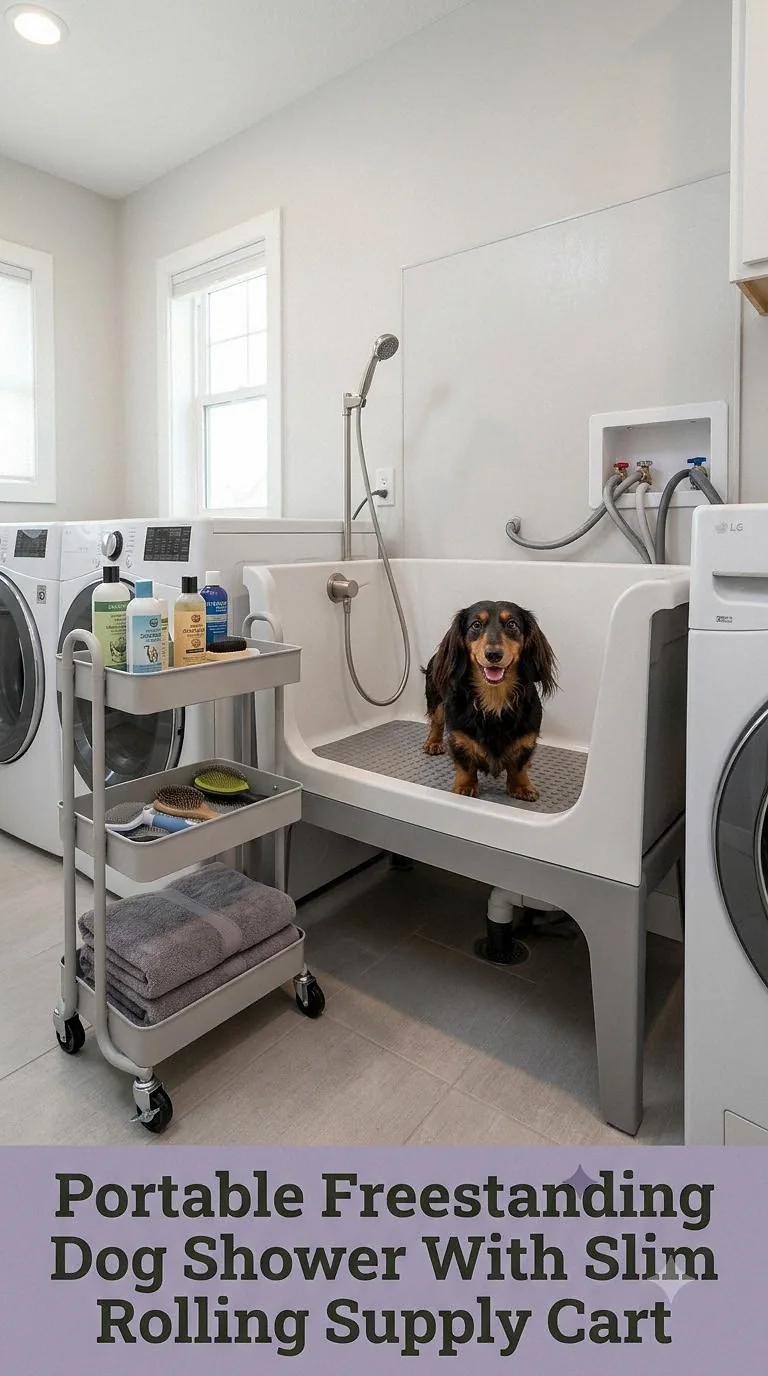 Portable Freestanding Dog Shower With Slim Rolling Supply Cart