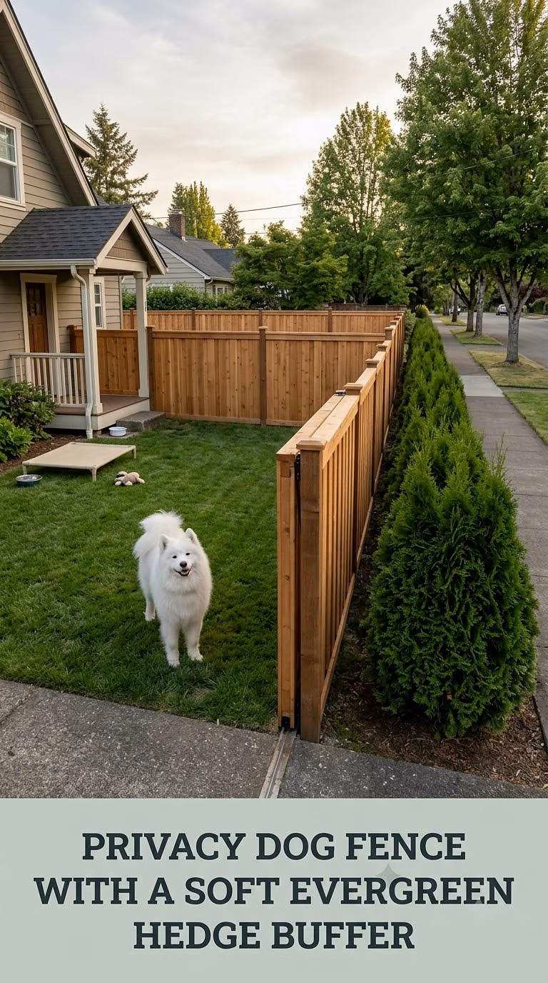 Privacy Dog Fence With A Soft Evergreen Hedge Buffer