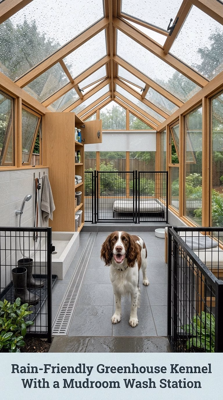 Rain-Friendly Greenhouse Kennel With a Mudroom Wash Station