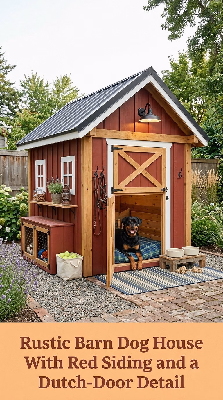 14. Rustic Barn Dog House With Red Siding and a Dutch-Door Detail