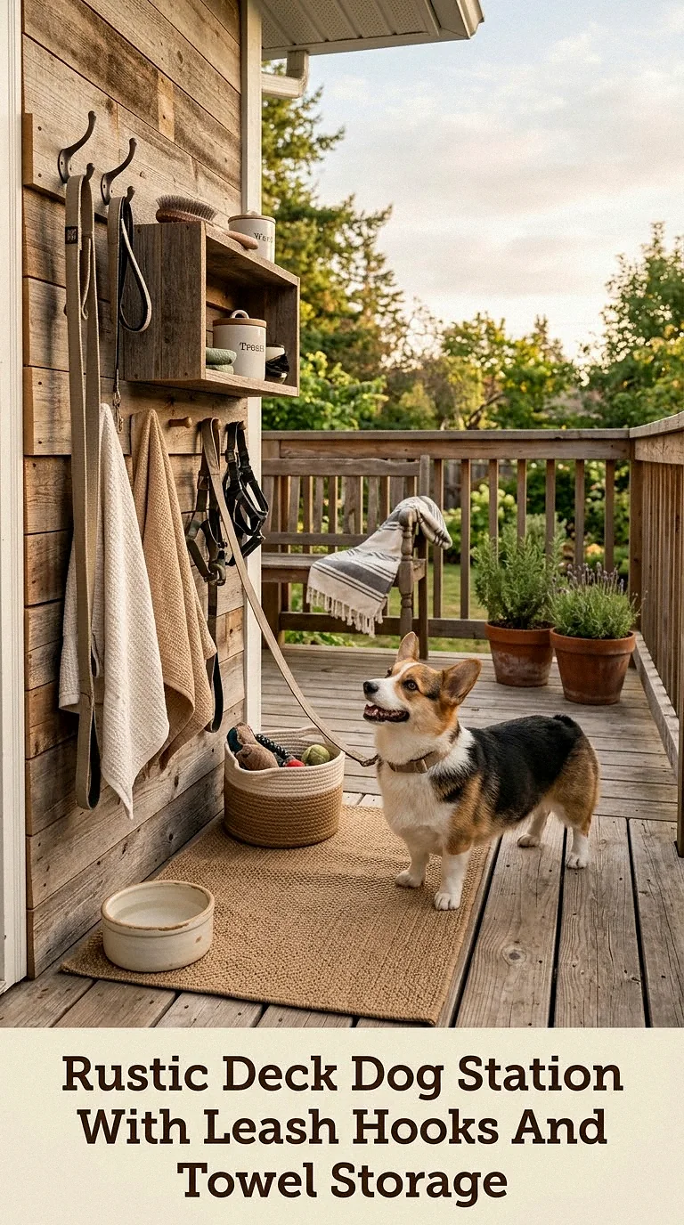 Rustic Deck Dog Station With Leash Hooks And Towel Storage